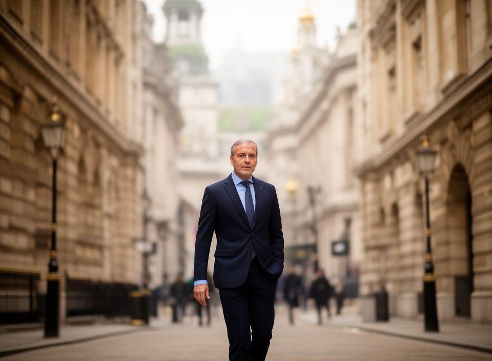 Legal consultant walking past historic buildings on Gracechurch Street in the City of London
