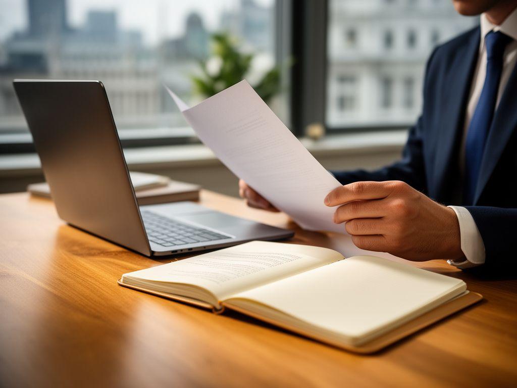 Lawyer reviewing a contract at a wooden desk beside a laptop and notepad in a calm London office