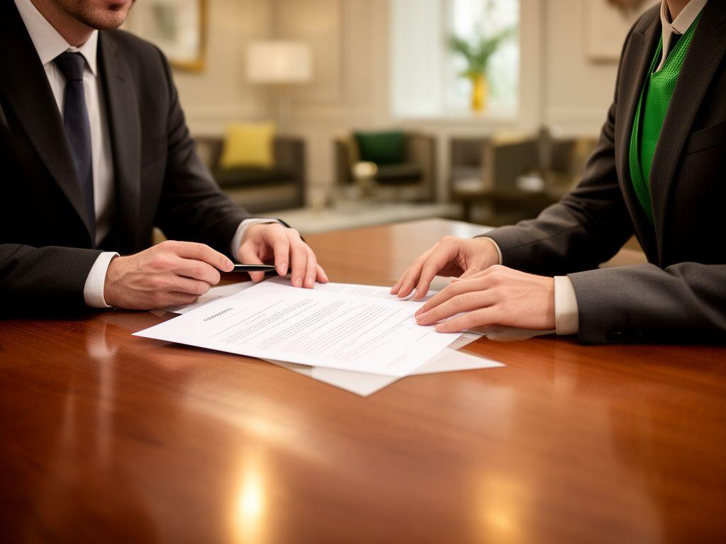 Solicitor and client reviewing a contract together at a polished wooden table in a London office