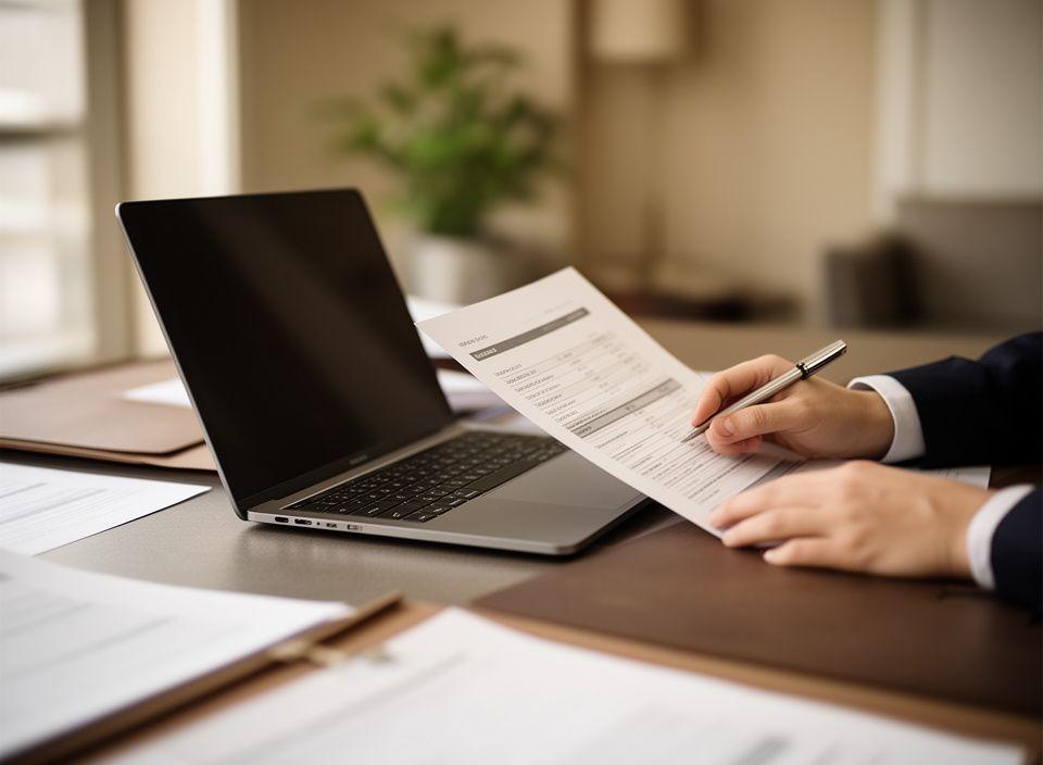 Contract specialist reviewing pricing notes beside a laptop in a calm London office