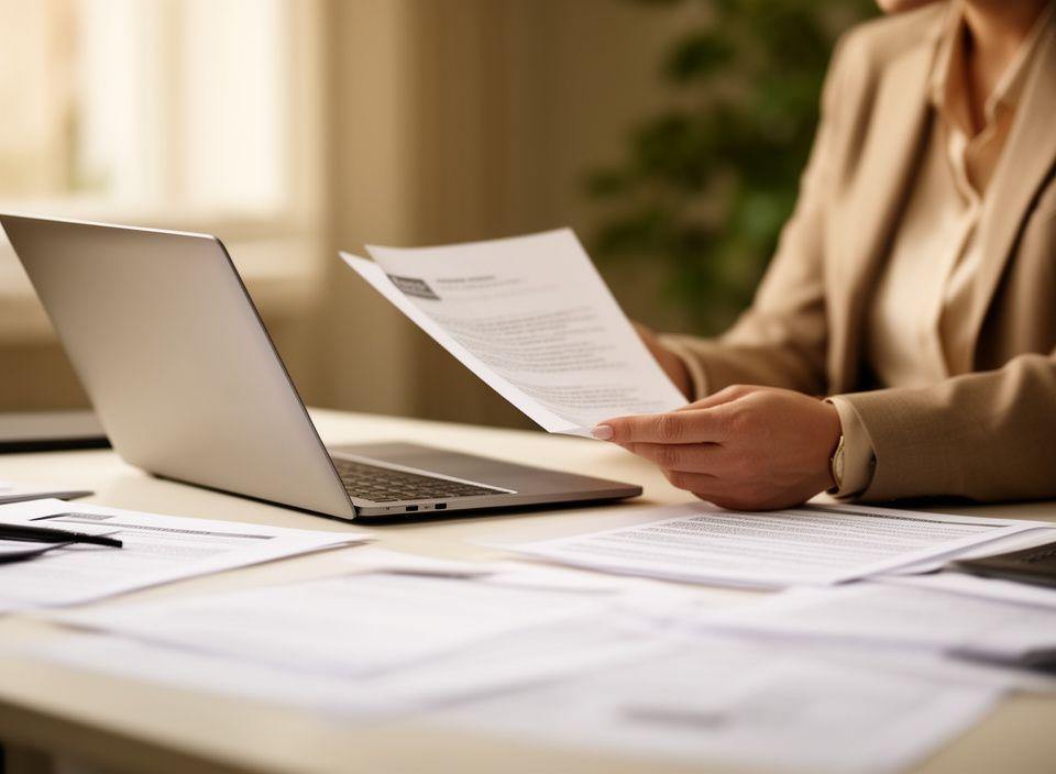 Legal consultant reviewing a privacy policy in a quiet London office with printed files and a laptop
