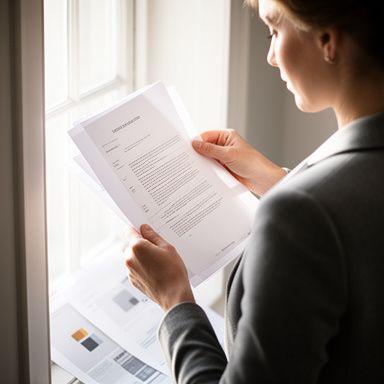 Bespoke document specialist Amelia Ward holding a printed contract near a bright window